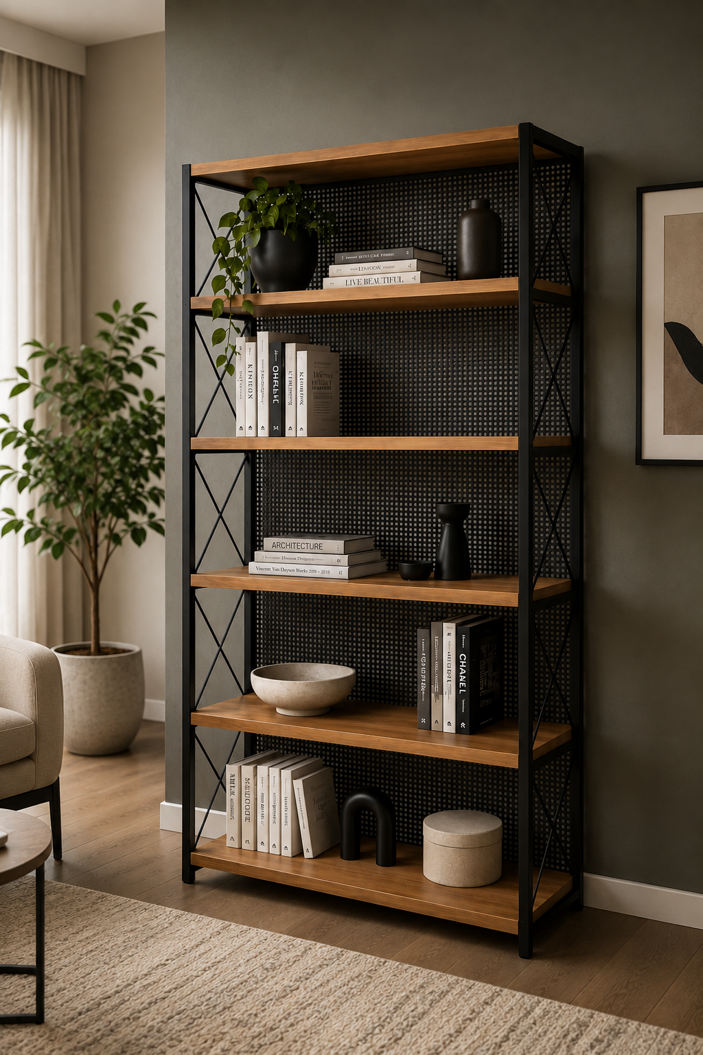 کتابخانه دکوراتیو ترکیب چوب وفلز R311