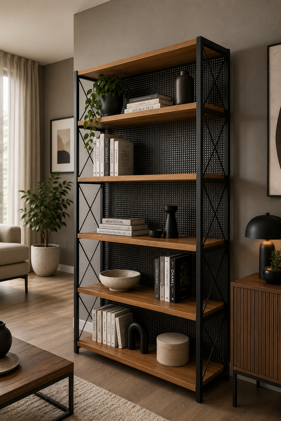 کتابخانه دکوراتیو ترکیب چوب وفلز R311